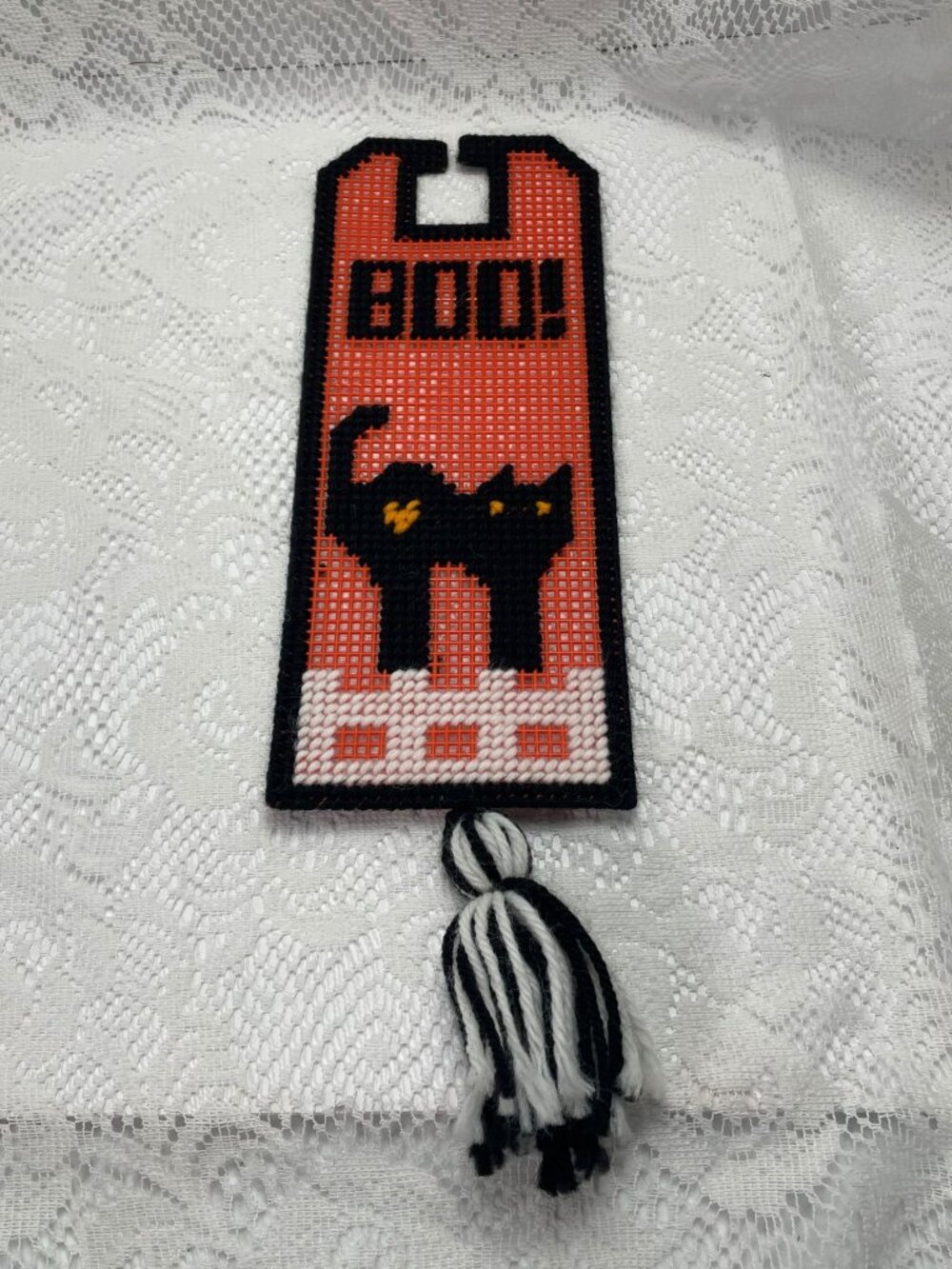 Halloween Boo Black Cat Plastic Canvas Door Hanger With Tassel - Handmade - Oran